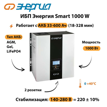 ИБП Энергия Smart 1000W - ИБП и АКБ - Энергия ИБП Smart - . Магазин оборудования для автономного и резервного электропитания Ekosolar.ru в Рязани