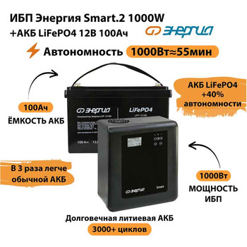 ИБП Энергия Smart.2 1000W + Аккумулятор LiFePO4 12v-100Ah (1000Вт-55мин) - ИБП и АКБ - ИБП Энергия - ИБП на 1 кВА - . Магазин оборудования для автономного и резервного электропитания Ekosolar.ru в Рязани