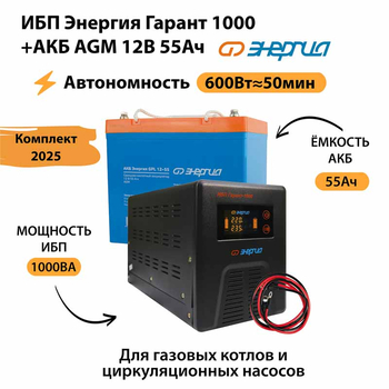 ИБП для котла Энергия Гарант 1000 + Аккумулятор 55 Ач 12 В (600Вт - 50мин) - ИБП и АКБ - ИБП для котлов - . Магазин оборудования для автономного и резервного электропитания Ekosolar.ru в Рязани
